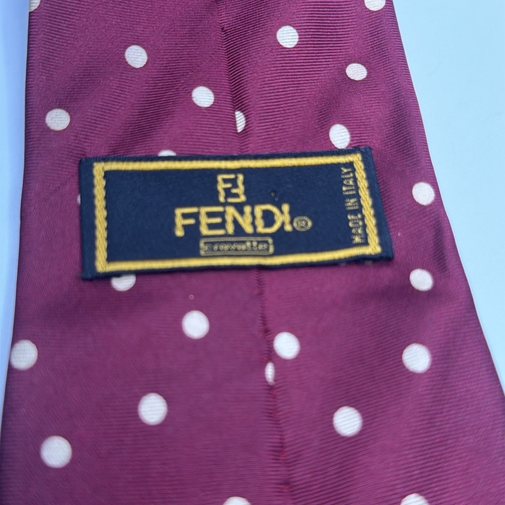 FENDI Maroon Polka Dot Silk Tie Italy 57”/3 1/2” - Picture 2 of 6